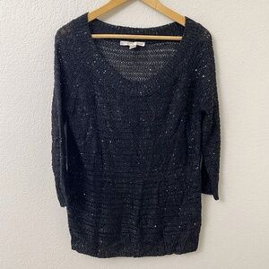 Boston Proper Sequin Sweater Size Medium Black Sheer 3/4 Sleeve